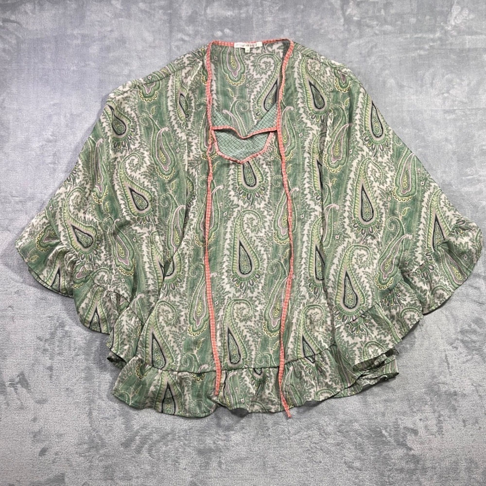 Threads For Thoughts Green Paisley Ruffle Kimono Cardigan Wrap Top‎ Size S